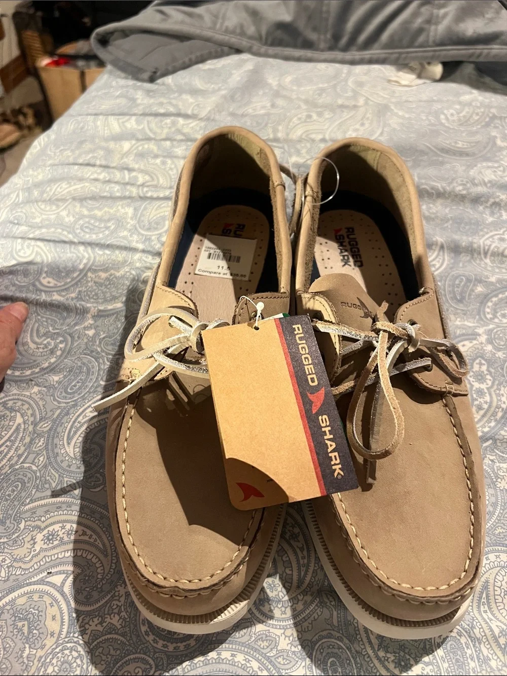 Rugged Shark Sishield Protect, Men’s Size 11.5 Leather Tan Boat Shoe, new/tags